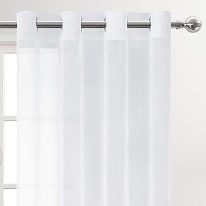 DWCN White Sheer Curtains, Faux Linen Look Grommet Window Semi Sheer Curtains Drapes for Bedroom Living Room Set of 2 Panels, 52 x 90 Inch Long - color: White, size: 52"W x 90"L (Pack of 2)