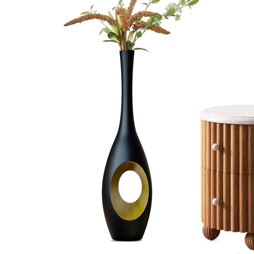 23.6 in Black Floor Vase – Modern Oval Tall Floor Vase with Gold Cutouts & Slim Neck, Decorative Vases for Luxury Home, Office, Wedding Decor – Resin Tall Vases - color: Black & Gold