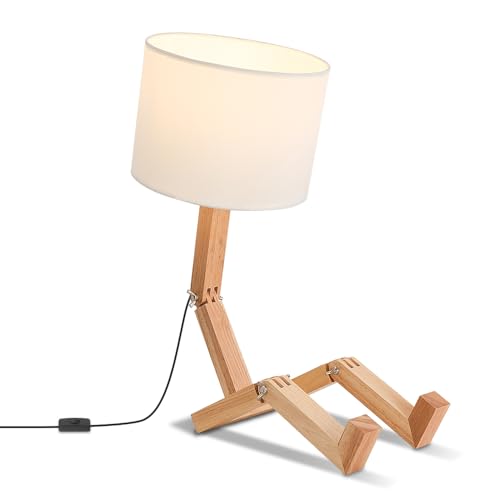 Robot Bedside Lamp, Fabric Lampshade Match Foldable Solid Wood Body, Creative E27 Screw Table Lamp for Bedroom Living Room - style: Modern
