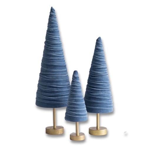 Slate Blue Pedestal Velvet Trees Set of 3, Artisan Mantel Accent, Boy Nursery, Valentine Tree Tabletop, Winter Table Centerpiece, Modern Shelf Decor (Slate Blue) - color: Slate Blue