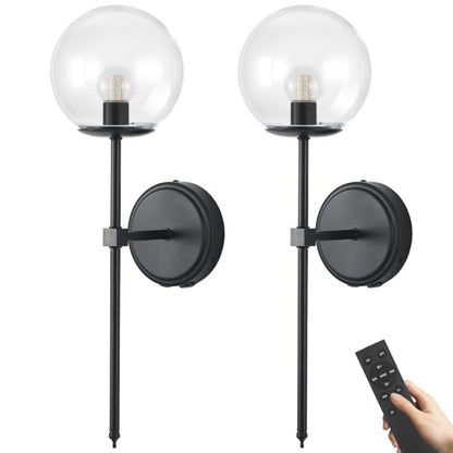 Globe Battery Operated Sconce Set of 2 with Clear Glass Lampshade - color: Black-Clear