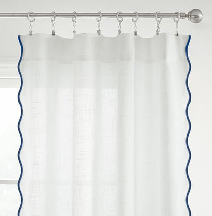 DriftAway Semi Sheer Scalloped Edge White Coastal Beach Window Curtains for Living Room Bedroom 2 Panels Rod Pocket Each Size 52 Inch by 72 Inch Navy - color: White Navy, size: 52"W x 72"L (Pack of 2)