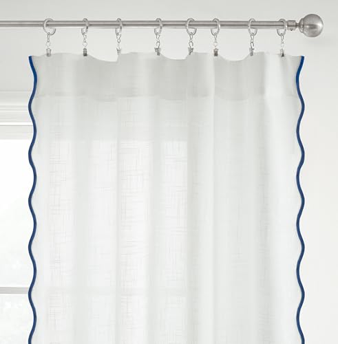 DriftAway Semi Sheer Scalloped Edge White Coastal Beach Window Curtains for Living Room Bedroom 2 Panels Rod Pocket Each Size 52 Inch by 84 Inch Navy - color: White Navy, size: 52"W x 84"L (Pack of 2)