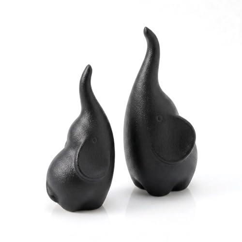 Elephant Decor Ceramic Elephant Statue Home Decor, Pair of Elephant Figurines for Living Room Bookshelf TV Stand Decor, Aesthetic Animal Sculptures Table Centerpiece, Housewarming Gifts (Black) - color: Black