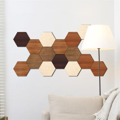 Wooden Hexagon Wall Decor, 15 Pcs Creative Removable Hexagonal Wall Stickers, DIY Modern Geometric Wood Wall Art Decor, 3D Wooden Hexagon Wall Tiles for Living Room, TV Background, Office, 5.9" x 5.1”