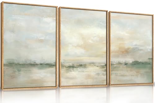 LHIUEM Large Abstract Green Gray Pastel Framed Canvas Wall Art,Neutral Landscape Wall Decor,Modern Watercolor Lake Artwork,Beige Textured Illustrations Art for Living Room,Bedroom,Office- 16"x24"x3 - color: Neutral Green Wall Art, size: 24"L x 16"W