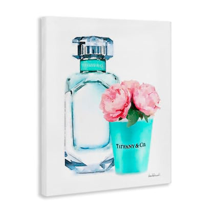 Teal Perfume Bottle Peonies Glam, 36 x 48 Inch Canvas Wall Art - color: Teal, size: 48"L x 36"W
