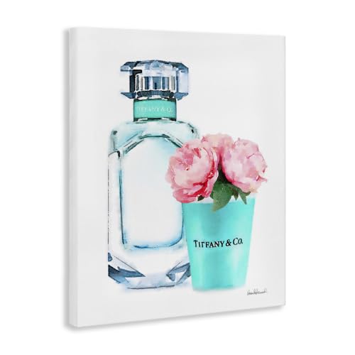 Teal Perfume Bottle Peonies Glam, 36 x 48 Inch Canvas Wall Art - color: Teal, size: 48"L x 36"W