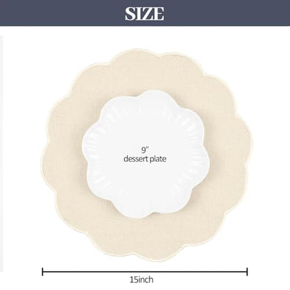 AHHFSMEI Round Scalloped Placemats Set of 6 15 Inch Faux Linen - color: Beige