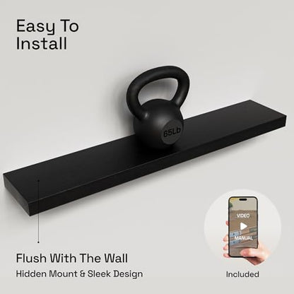 Solid Wood Floating Shelves for Wall 36 Inches Long, Black Wooden Shelf - color: Black, size: 36 Inch