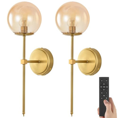 Globe Battery Operated Sconce Set of 2 with Clear Glass Lampshade - color: Gold-Amber