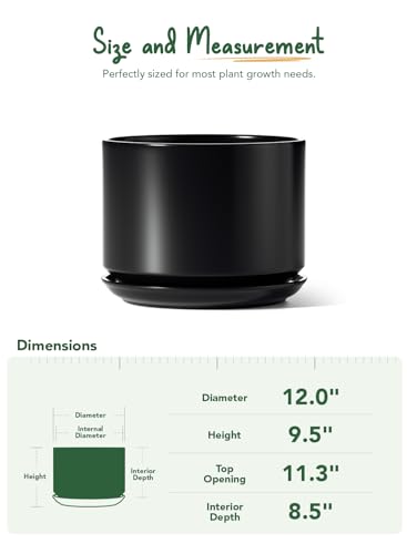 LE TAUCI 12 Inch Pots for Plants, Ceramic Planter with Saucer, Black - color: Black, size: 12"