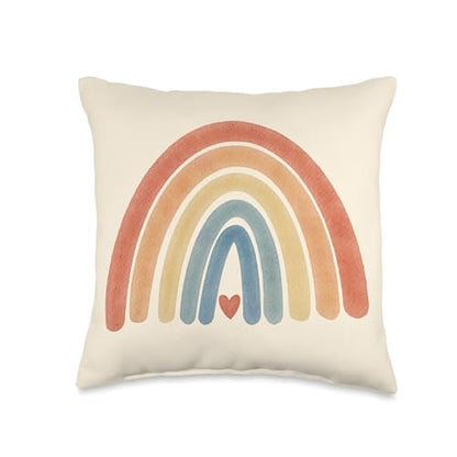 Boho Rainbow Heart Minimal Vintage Retro Stripes - Neutral Throw Pillow - size: 16x16