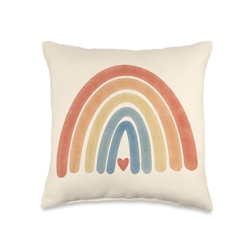 Boho Rainbow Heart Minimal Vintage Retro Stripes - Neutral Throw Pillow - size: 16x16