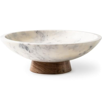 Cork & Mill Marble Decorative Bowl with Acacia Wood Pedestal, 11 Inch