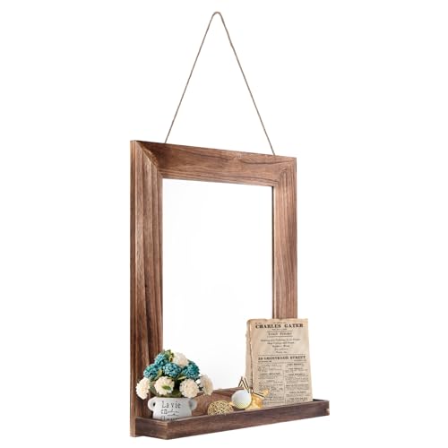 QDSSDECO 16" x 20" Farmhouse Wall Mirror with Shelf and Hemp Rope, Brown - color: Brown With Hemp Rope