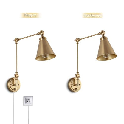 WINGBO Farmhouse Swing Arm Wall Sconce Set of 2, Industrial Adjustable Wall Lamp Light Fixture for Living Room Bedroom Vanity Study Desk Office, Plug in or Hardwired, Brass - color: Brass