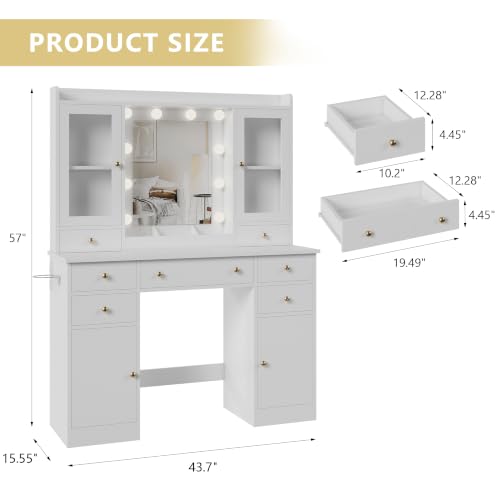 Xixini 44" Vanity Desk with Mirror & Lights, Glass Storage Cabinets, White - color: White