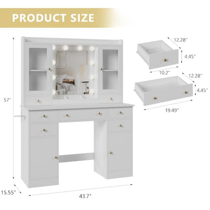 Xixini 44" Vanity Desk with Mirror & Lights, Glass Storage Cabinets, White - color: White
