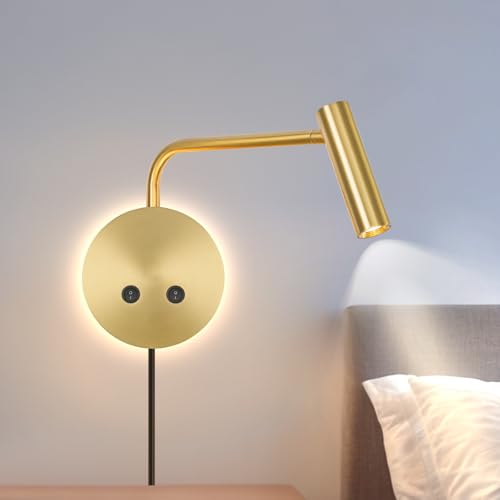 Gold Wall Mounted Reading Light, 3000K Flexible Headboard Reading Sconces with On Off Switch Control, Plug in/Hardwired Wall Light Fixtures with Night Light for Bedside Bedroom Bunk - color: Gold-1Pack