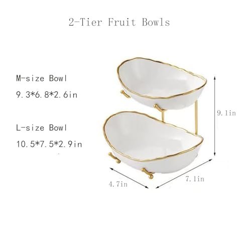 2-Tier Fruit Bowls for Kitchen Counter,Ceramic White Bowl with Gold Metal Stand,2 Tier Fruit Basket for Fruit,Snack,Cake,Nuts,Dessert Space Saving Storage - color: Gold&White