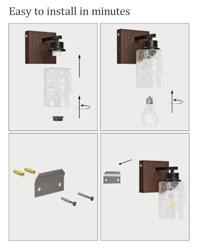 Hammered Glass Battery Operated Wall Sconces Set of Two Black & Walnut | Dimmable Rechargeable Wall Lights with Remote Timer, Easy Install Lamp for Living Room Bedroom, Emergency 3000K - color: Black Walnut(Clear Hammered Lampshades)