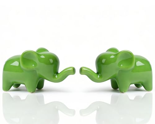 4 Inch Green Ceramic Elephant Figurines Set of 2 - color: Green
