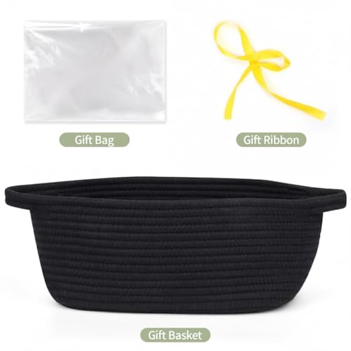 Gift Basket Empty with Handles, 12x8x5 inch - Small Woven Rope Basket for Man, Techer, Boys, Kids Toys, Bathroom - With Gift Bag & Ribbon, Perfect for Wedding, Birthday Gifting (Black, 1PC) - color: Black, size: 1 Pack