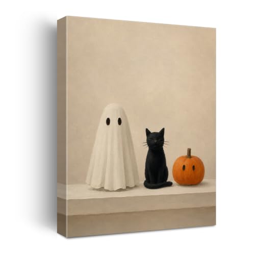 Halloween Wall Art Decor, Ghost Cat Pumpkin Canvas Print Framed - color: E