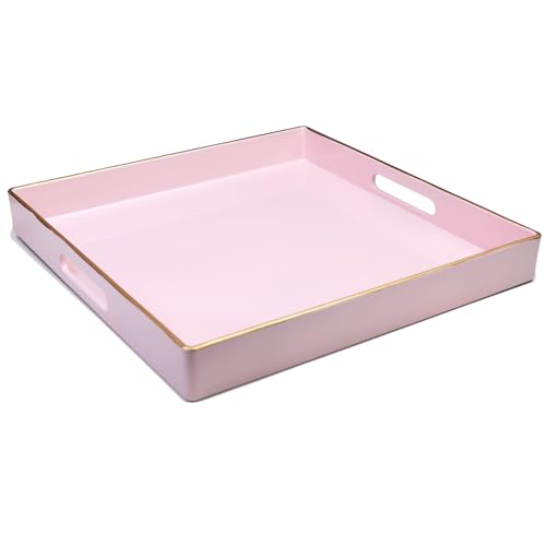 Spsyrine Pink Decorative Serving Tray with Handles, 13" X 13" Square Plastic Coffee Table Tray for Ottoman, Living Room, Bathroom, Home Decor. - color: Dl006r