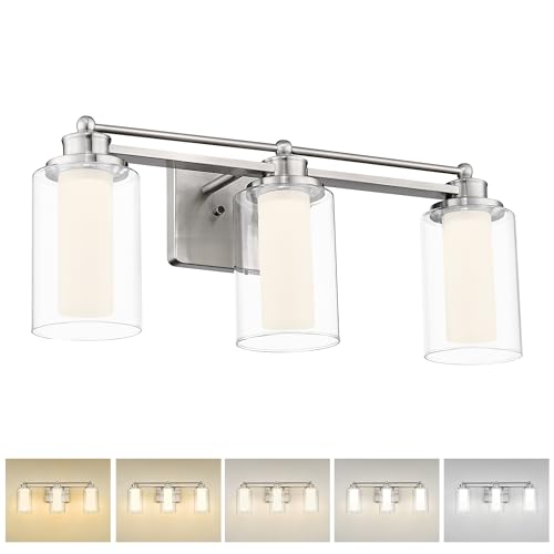 HWH Modern Bathroom Light Fixtures, Clear Glass, 5CCT, 5HLT63B-3W-LED BN - color: Brushed Nickel + LED, size: 3 Lights