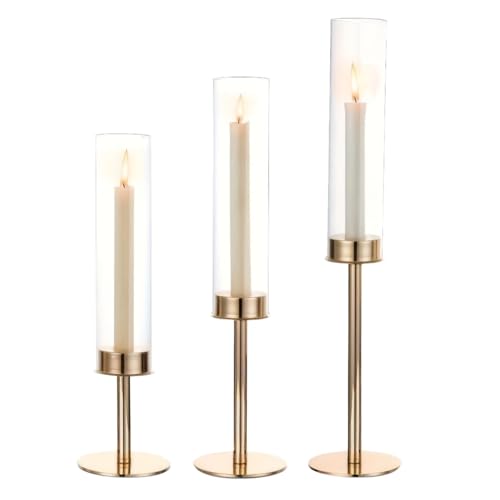 Gold Hurricane Candle Holders Set of 3, Tall Metal Windproof Glass Taper Candle Holder for Candelabra Centerpieces for Dining Table, Wedding, Party & Fireplace Mantel Decor