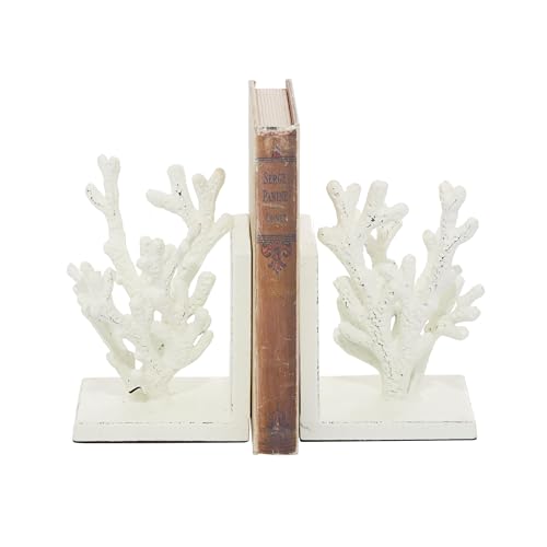 Deco 79 Metal Coral Decorative Bookends Non Skid Bookends, Set of 2 Office Bookends5"W, 7"H, White
