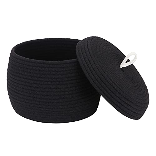 Sea Team Round Woven Cotton Rope Storage Basket with Lid, Black - color: Black, size: Small