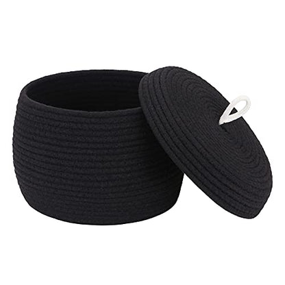 Sea Team Round Woven Cotton Rope Storage Basket with Lid, Black - color: Black, size: Small