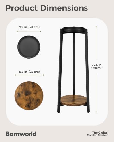 Bamworld Tall Plant Stand 30 Inch 2 Tier Metal Plant Stand with Wood Shelf - color: Brown, size: 2 Tier