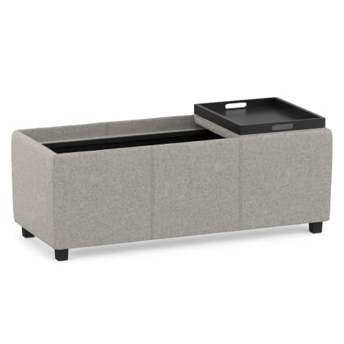 SIMPLIHOME Avalon 42" Wide Linen Look Fabric Storage Ottoman in Cloud Grey - color: Cloud Grey