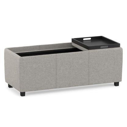 SIMPLIHOME Avalon 42" Wide Linen Look Fabric Storage Ottoman in Cloud Grey - color: Cloud Grey