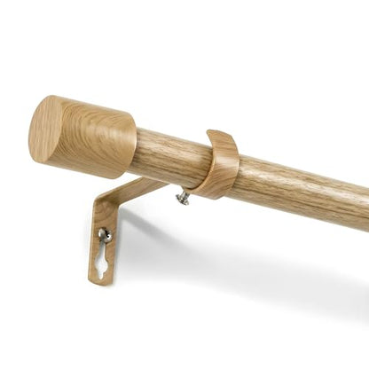 NICETOWN Adjustable Faux Wood Grain Metal Curtain Rod, Extendable Drapery Rod for Living Room Bedroom, Wood-Like Finish with Elegant Gold Metal Cylinder Finials, 48-84 Inches - color: Wood Grain & Gold, size: 48" to 84"