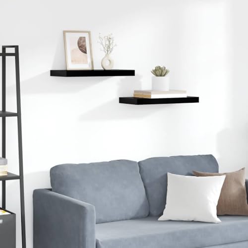 Floating Wall Shelves Set of 2, 19.7"x9.1" High-Gloss Black Honeycomb MDF, Sturdy Hidden Mount System for Living Room Bathroom Bedroom and Office Storage Display - color: Black, size: 19.7 in x 9.1 in x 1.5 in