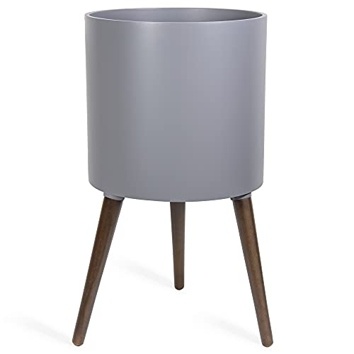 D'vine Dev 14 Inch Planter Pot with Wood Stand, Grey, 88-O-D-3 - color: Matte Grey, size: X-Large