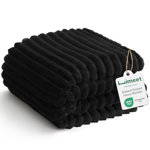 HIMEET Black Throw Blanket for Couch, 300GSM Ribbed Fleece, 50 x 60 Inches - color: Black, size: Throw (50" x 60")