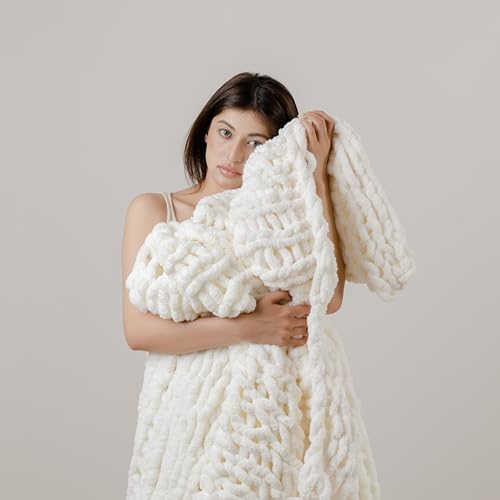 WESHIONGOO Chunky Knit Blanket Throw 40"×40" Cream White - color: Cream White, size: 40"x40"(Small Size Throw)