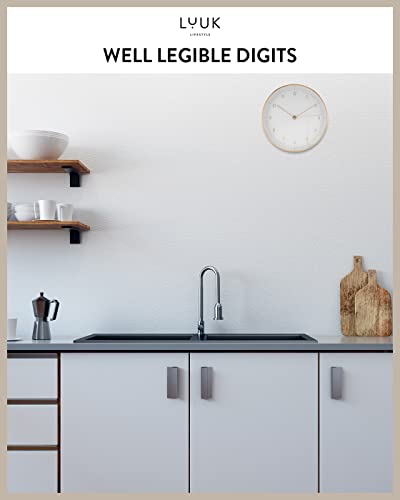 LUUK LIFESTYLE Modern Silent Quartz Wall Clock, 10in, White & Gold | Designed in Germany, Simple & Elegant, Non-ticking, Analog, Battery operated, Housewarming gift, for Living room, Bedroom - color: White, 10"