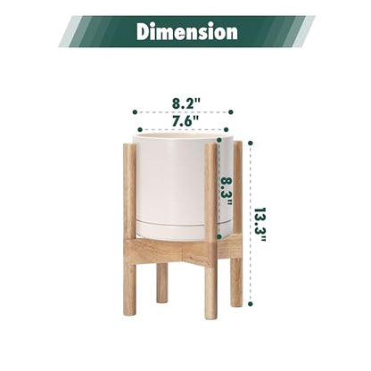 D'vine Dev Ceramic Pot with Natural Wood Stand, Oatmeal, 8 in, 55-B-N-8 - color: Oatmeal Pot + Natural Stand, size: 8 Inch