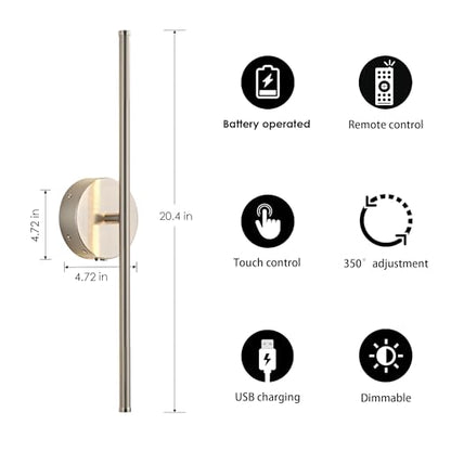 KARTOOSH Battery Operated Wall Sconces Set of Two Wireless Wall Lights - color: Nickel, size: 20.4 Inches