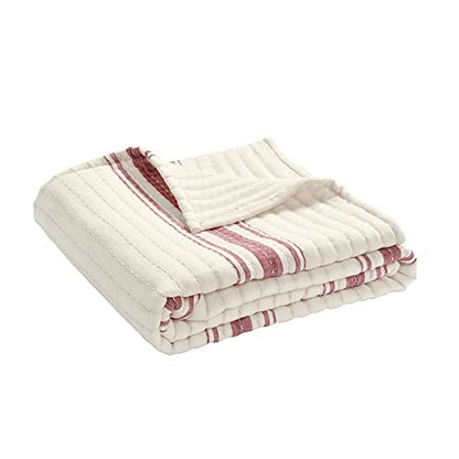Lush Decor Farmhouse Stripe Kantha Pick Stich Yarn Dyed Cotton Woven Throw Reversible Ticking Pinstripe Design Blanket, 50" x 60", Red - color: Red