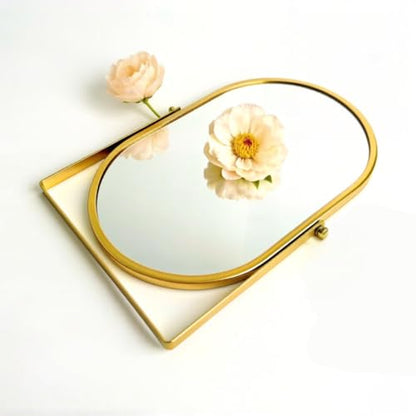 Gold Oval Vanity Mirror, 360° Rotation 180° Tilt Adjustable Desktop Makeup Mirror with Metal Frame, Decorative Standing Mirror for Bedroom, Bathroom, Living Room
