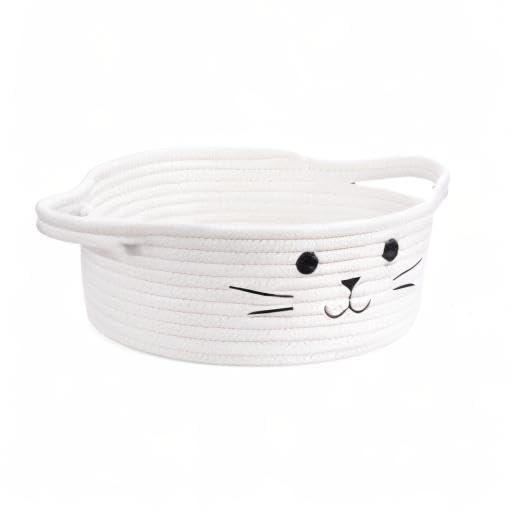Small Woven Rope Cat Toy Basket with Cat Face Design, White - color: White, size: 9.8"W x 4"H