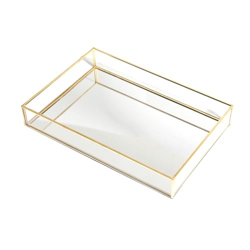 Feyarl Gold Glass Perfume Fragrance Tray Mirror Vanity Jewelry Trinket Magazine Photo Organizer Ornate Cosmetic Makeup Display Decorative Coffee Table Tray for Home Decor Dresser Tabletop （11.8” x 8"）